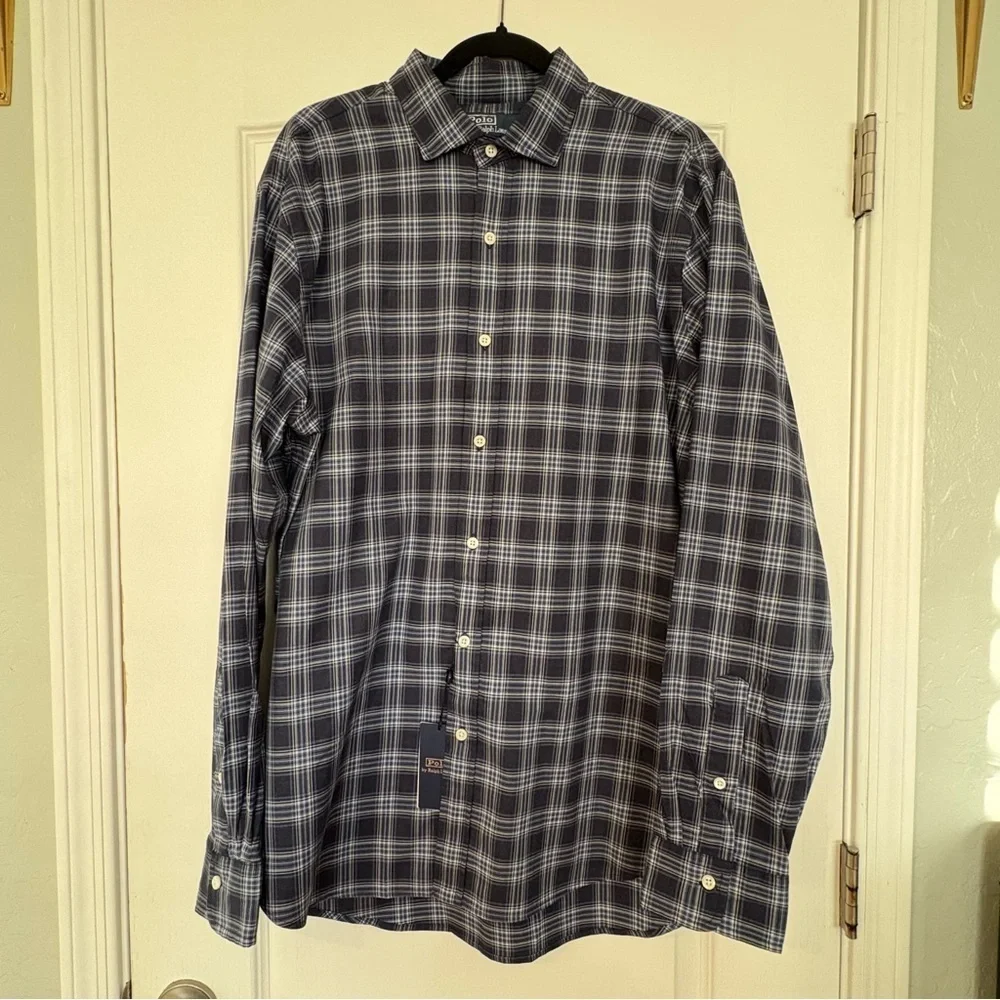 NWT Polo by Ralph Lauren Men’s Button Down Dress Shirt Blue Plaid 100% Cotton